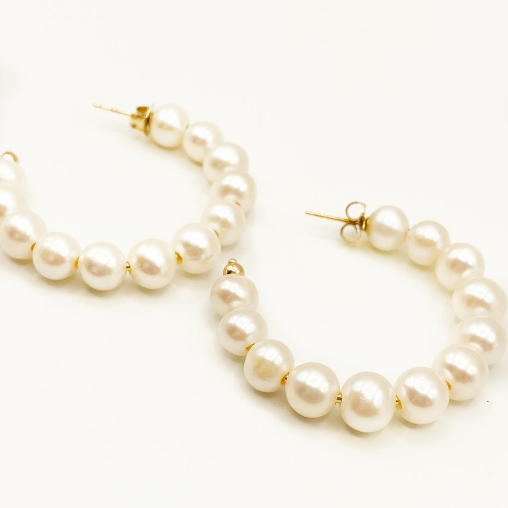 14k yellow gold pearl hoop earrings Sara Hoops