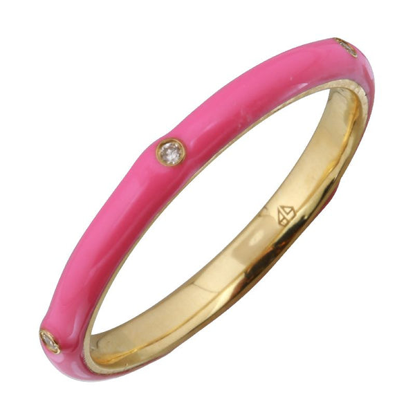 FOUR DIAMOND HOT PINK ENAMEL AND GOLD RING size 6.5